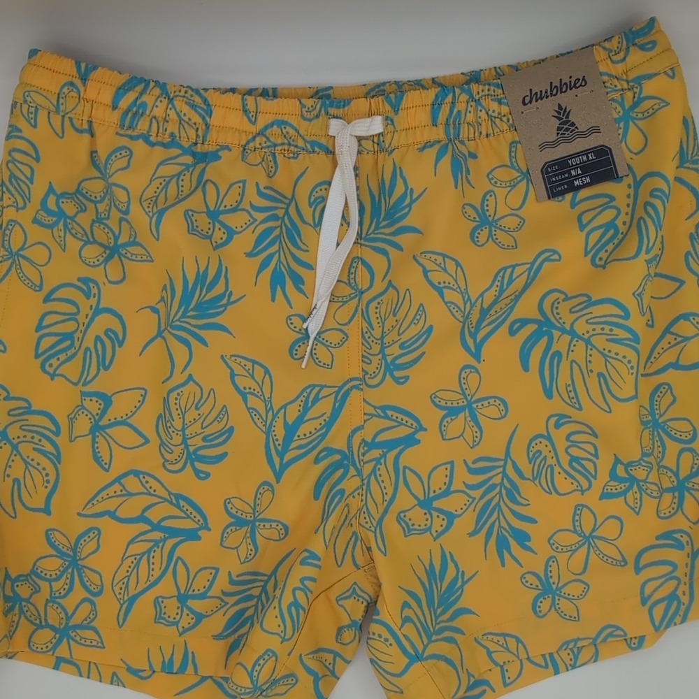 Chubbies The Floral Explorers Lined Swim Trunk Shorts Youth XL 18-20 Yellow